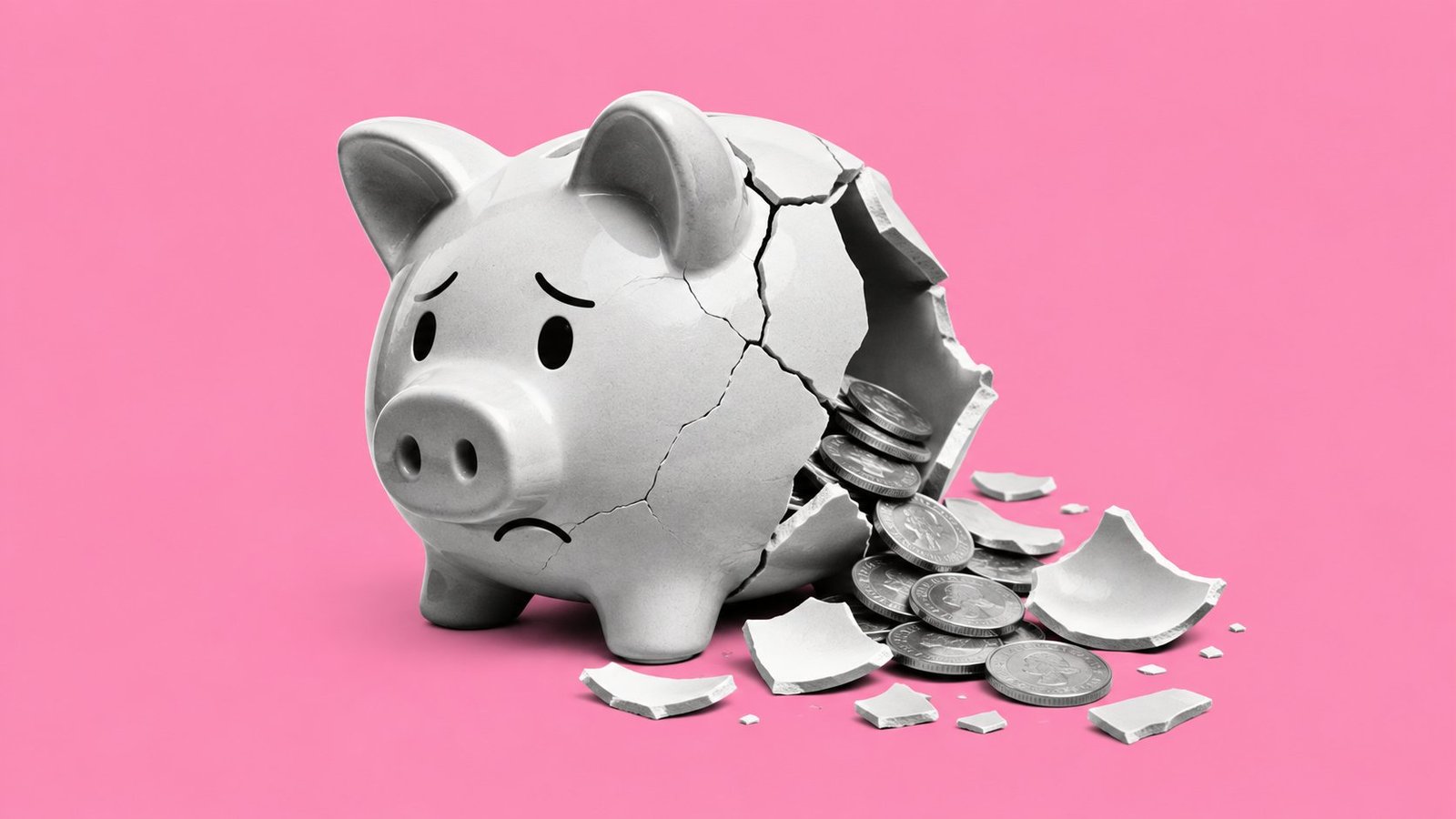 A cracked piggy bank with a worried face, coins spilling out onto a pink background.
