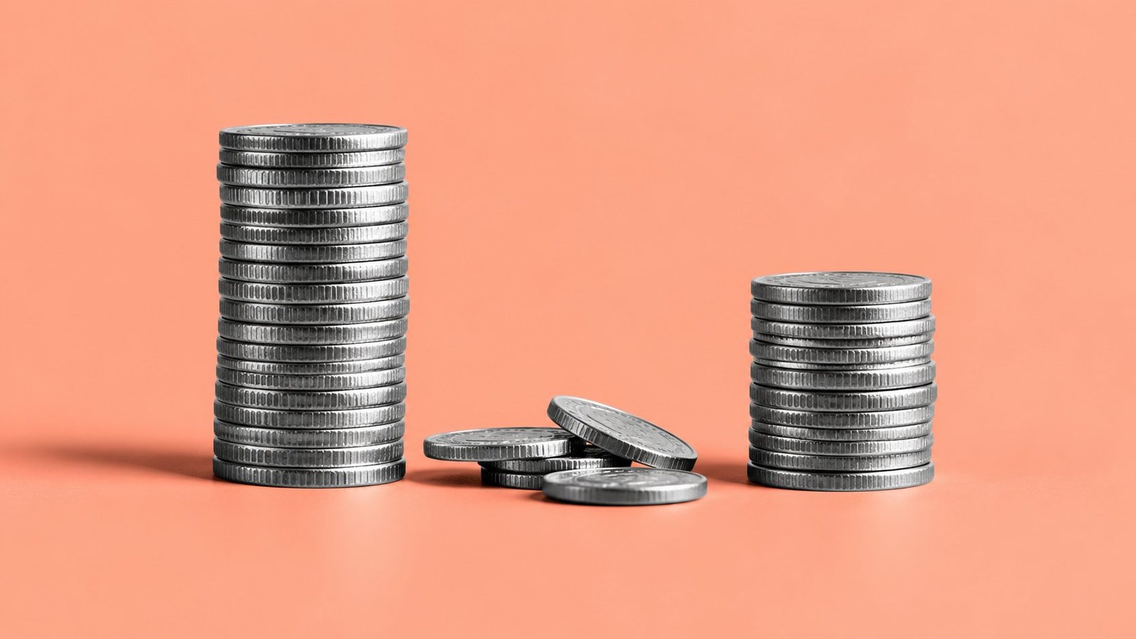 A tall stack of coins, a few loose coins and a shorter stack on a coral background.