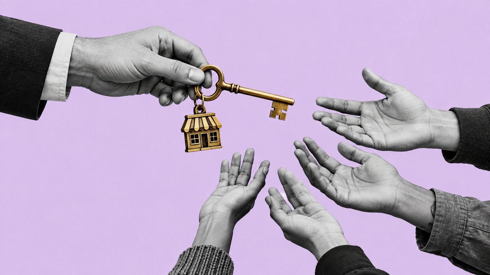 A hand in a suit sleeve passing a golden key with a small storefront keychain toward several outstretched hands, illustrating a business sale to employee ownership.