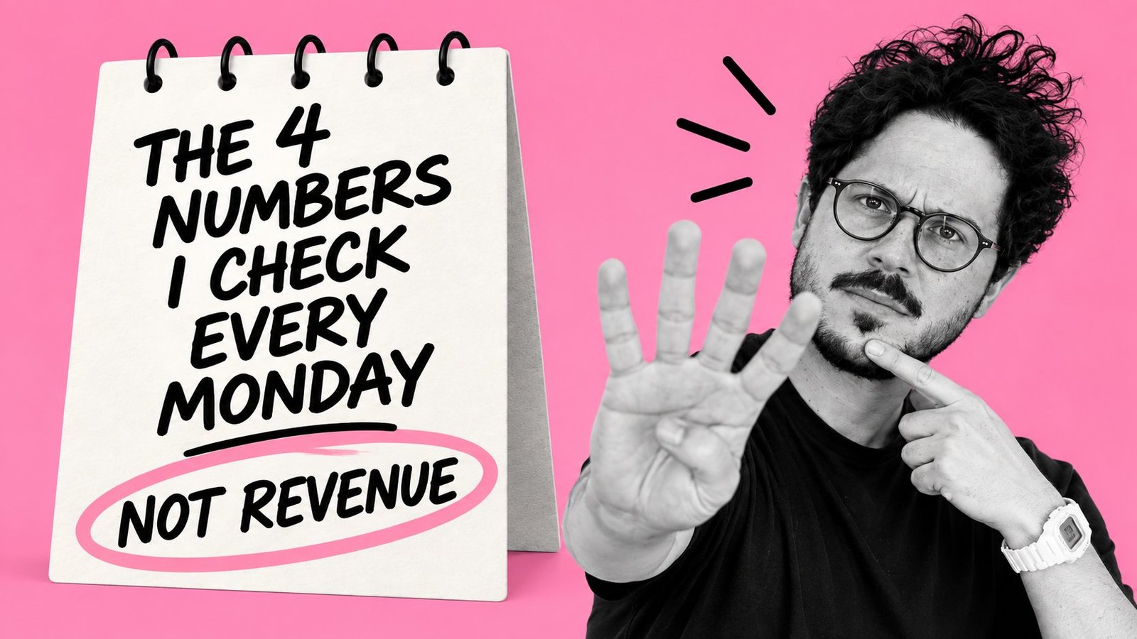 Michael Philippou holding up four fingers beside a flip-chart reading 'The 4 Numbers I Check Every Monday — Not Revenue.'