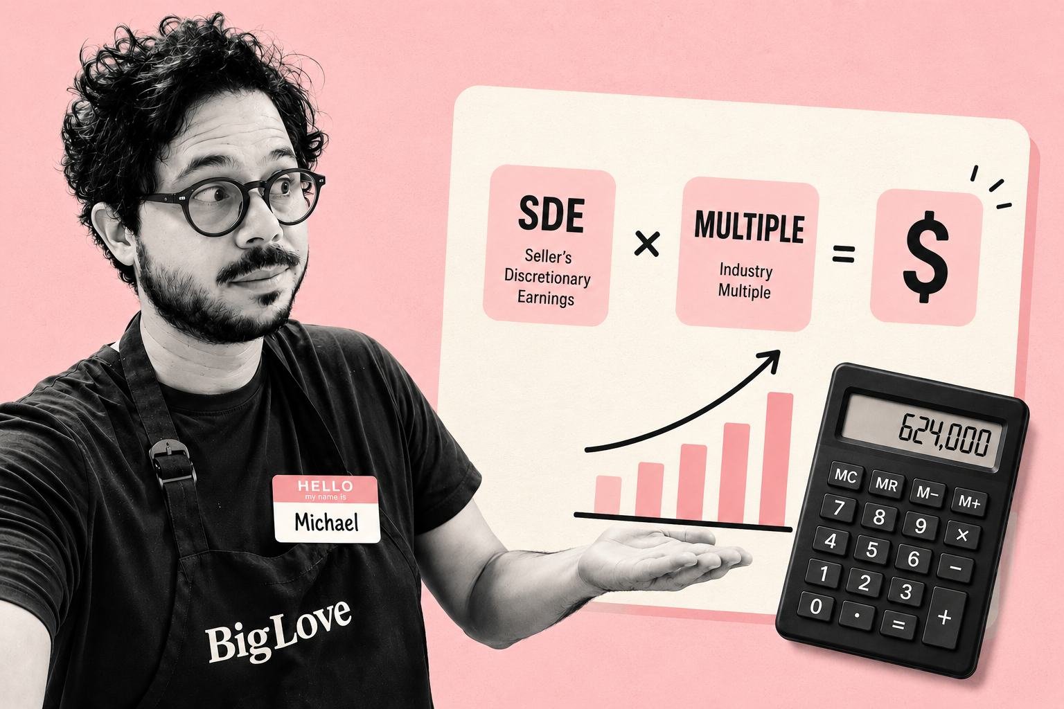 Michael Philippou, wearing a Big Love apron, gesturing toward a diagram showing SDE times Multiple equals a dollar sign, next to a calculator displaying 624,000.