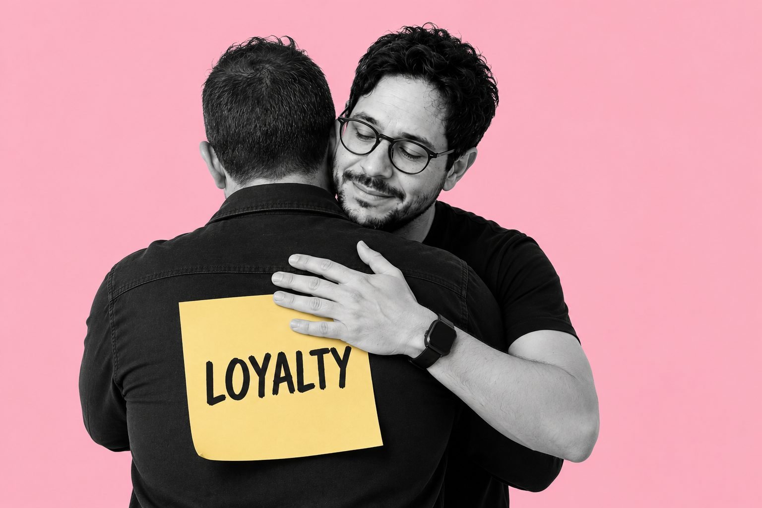 Two men embracing from behind, one wearing a yellow sticky note on his back that reads LOYALTY.
