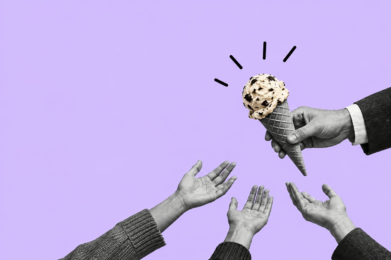 A hand offering an ice cream cone toward several outstretched hands, illustrating a product story people want to reach for and share.