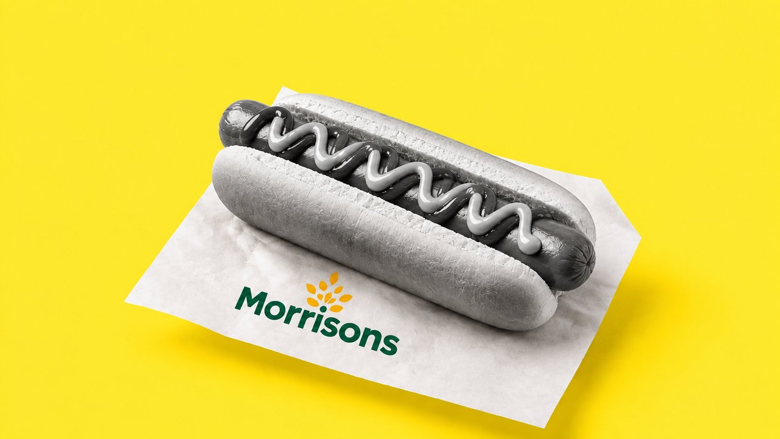 A hot dog on a Morrisons-branded napkin against a yellow background, evoking Costco's food court model.
