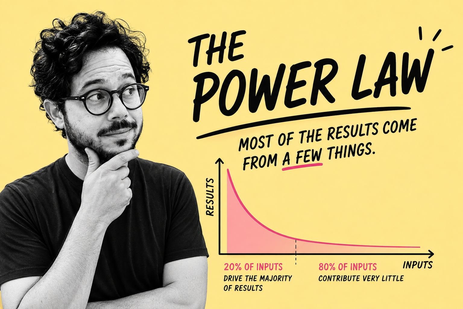 Michael Philippou looking thoughtful next to the title The Power Law, with a curve showing 20% of inputs driving the majority of results and 80% of inputs contributing very little.