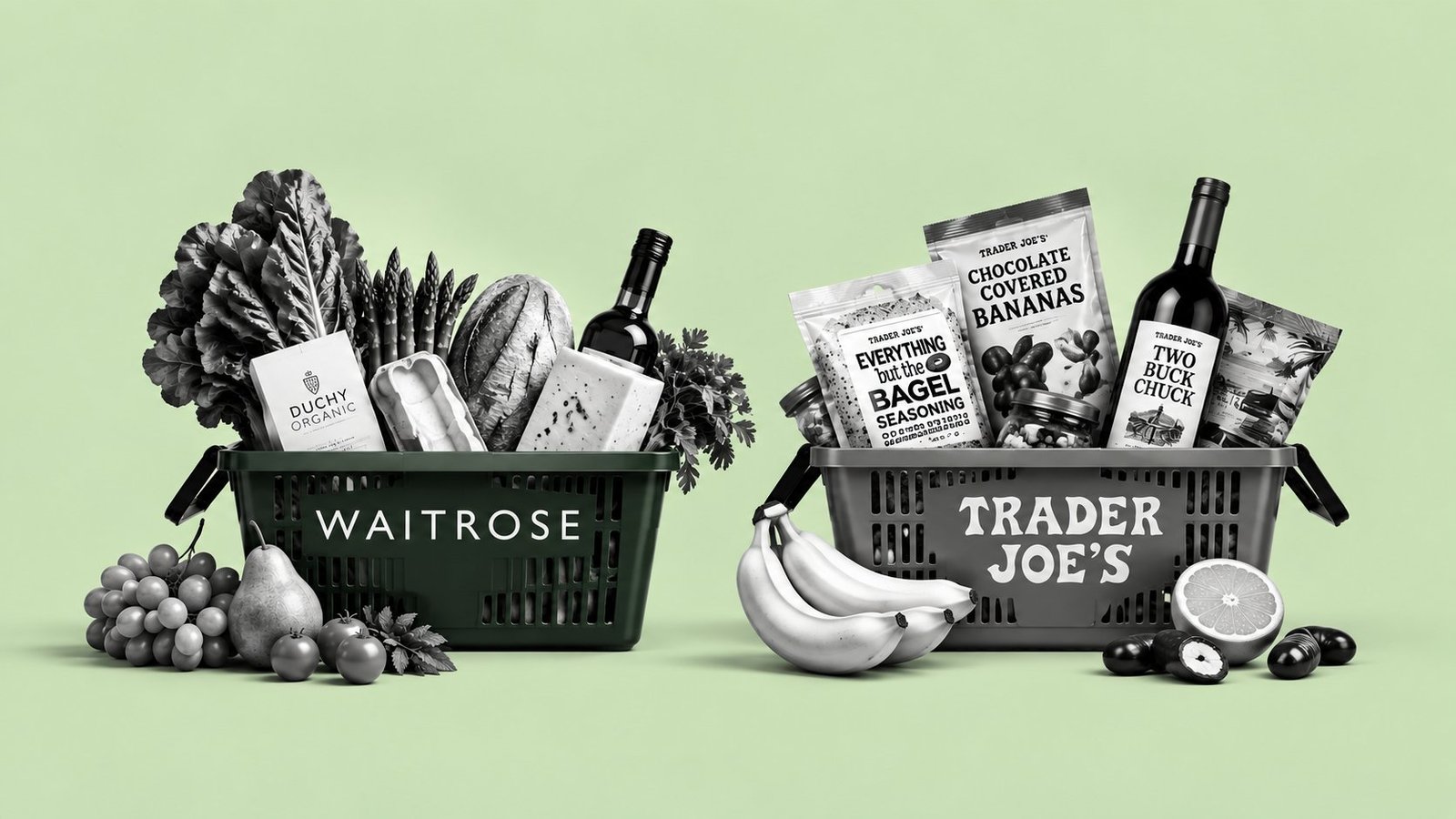 Two shopping baskets side by side on a green background: a Waitrose basket filled with fresh produce, wine and Duchy Organic products, and a Trader Joe's basket filled with its own-label snacks, seasoning and Two Buck Chuck wine.